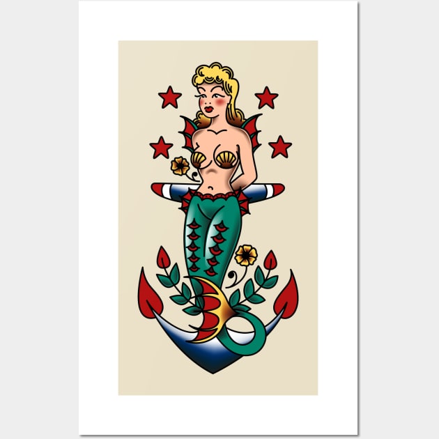 American Traditional Nautical Mermaid and Anchor Wall Art by OldSalt